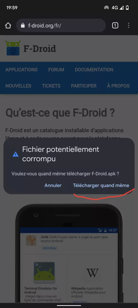 Message d'avertissement pour télécharger F-Droid