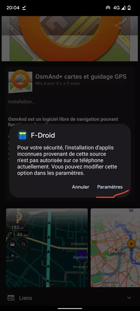 Modifier les paramètres pour installer OsmAnd